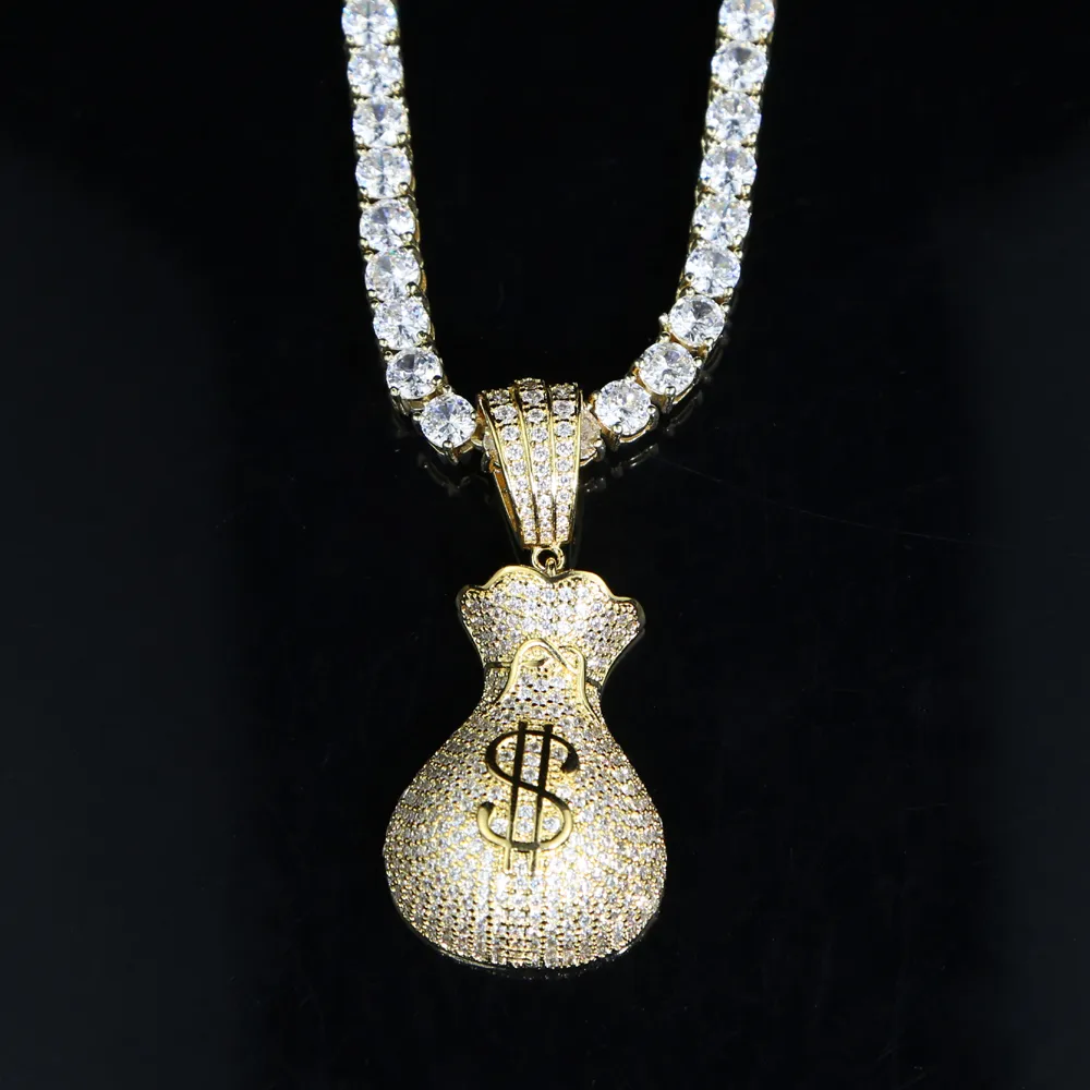 Volle Micro Gepflasterte Zirkonia CZ Iced Out Dollar Geld Tasche Anhänger Hip Hop Frauen Halskette Mit Tennis Box Chain243e