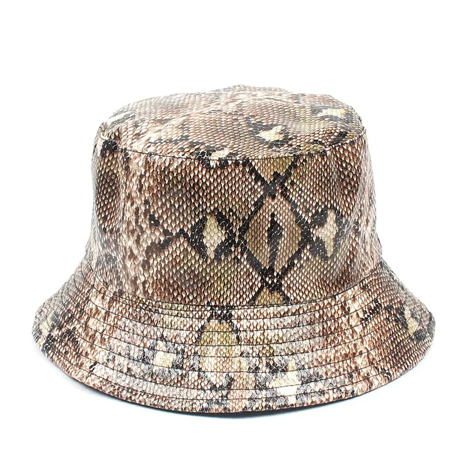 Nouveau PU motif serpent pêcheur gros unisexe mode Hip-hop Double face portant des chapeaux seau femme voyage ombre chapeau