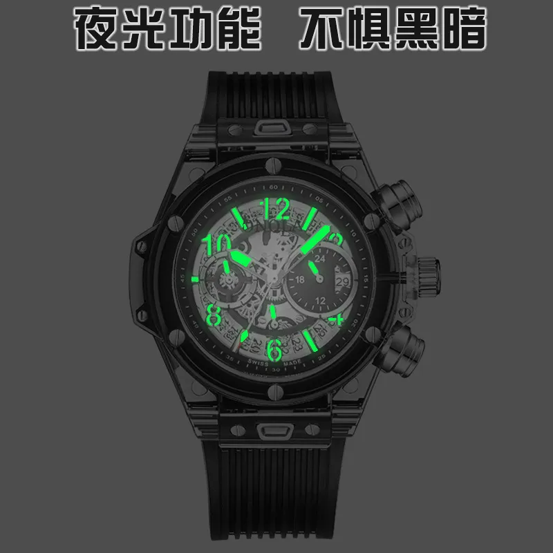 Gränsöverskridande modeplast transparent falldesign Sport Multifunktionella män Titta på män PE90 Quartz Movement Wristwatches265m