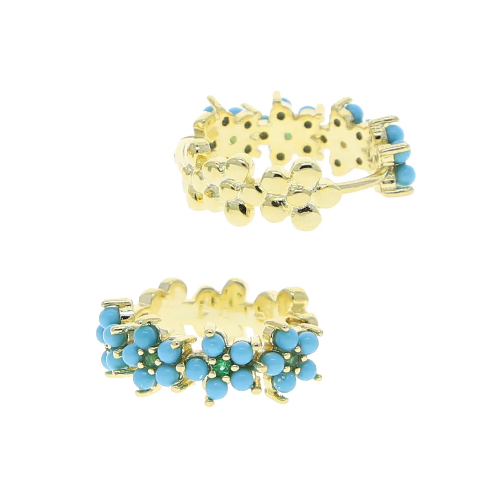 Boucles d'oreilles en forme de cerceau pour femmes, bijoux couleur or, ensemble de broches, pierre turquoise bleue, fleur, nouvelle mode printemps 2021