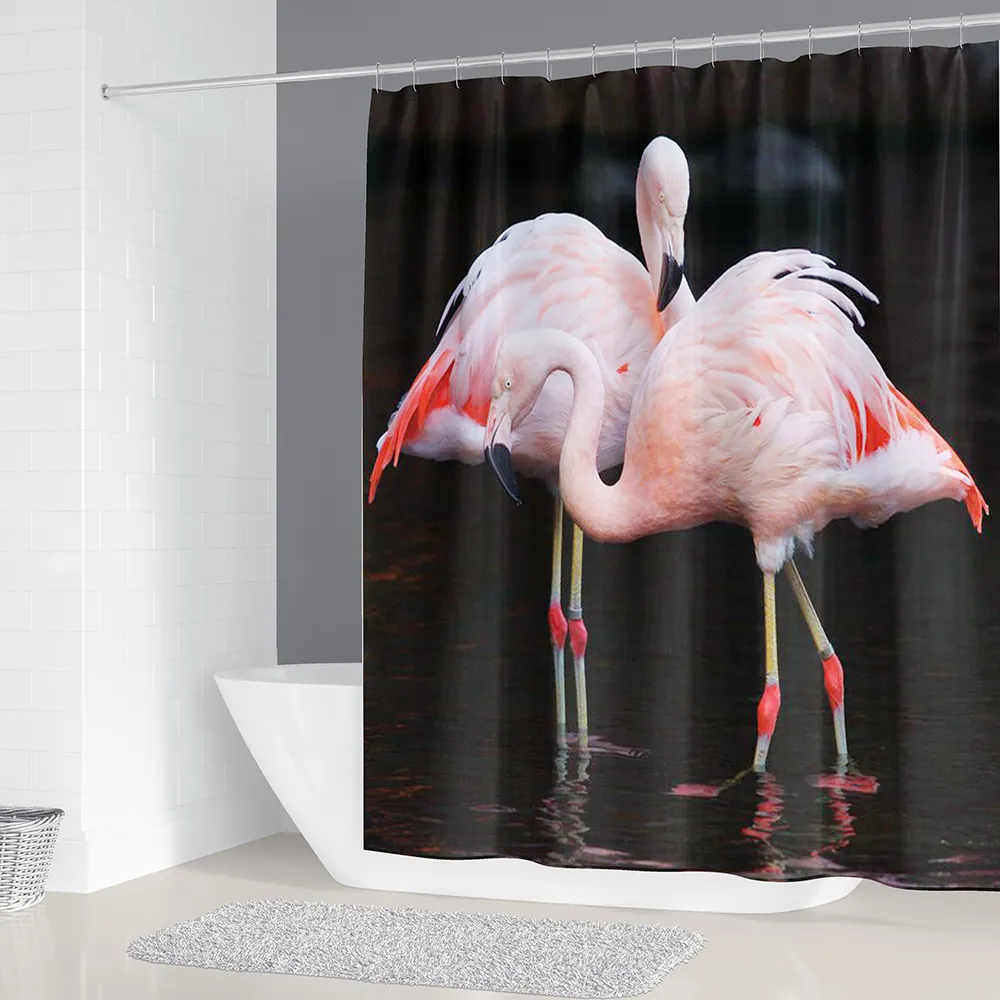 Flamingo Skriv ut Vattentät Dusch Gardin Polyester Tyg för badrumsinredning 4 stycken Set Soft Toalett Mat Pad T200711