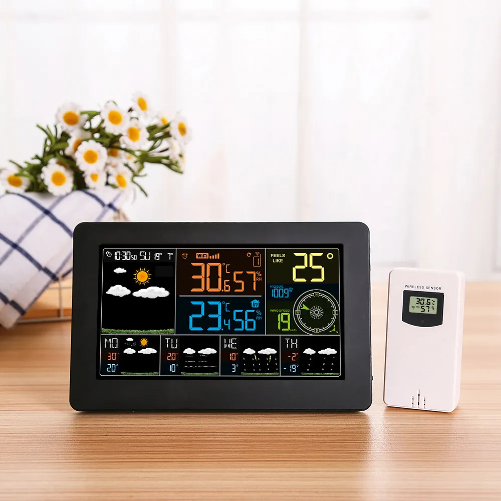 Fanju W4 Wifi Clock Humidity Pressure Weather Forecast Digital Alarm Clock Temperature with Wireless Sensor 201222