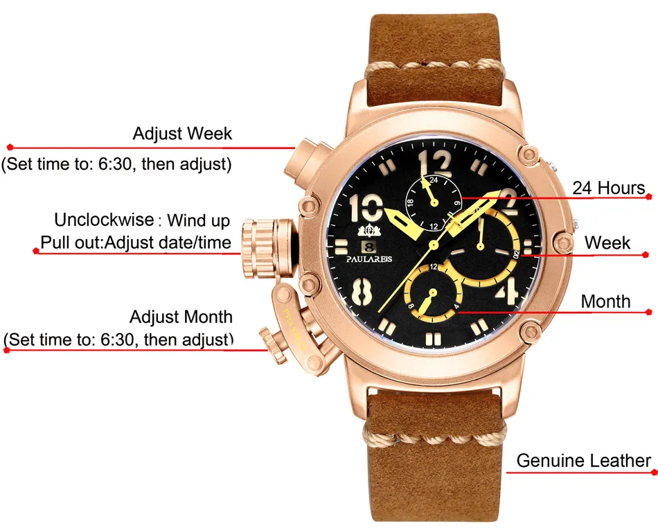 Men Automatic Self Wind Mechanical Genuine Brown Leather Multifunction Date Boat Month Luminous Limited Rose Gold Bronze U Watch L2792