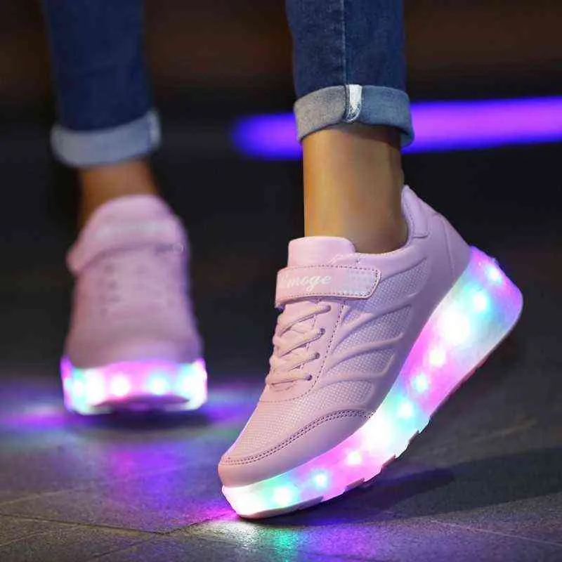 Taglia 28-41 Sneakers con ruote luminose Kids Boys USB Charged Growing LED Roller Skate Shoes bambini Ragazze Double 220208