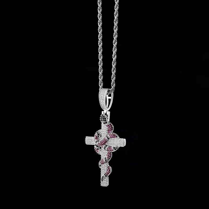 Retro Snake Cross Pendant Real Gold Electroplated Full of CZ Iced Out Diamond Mens Necklace Hip Hop Jewelry252g
