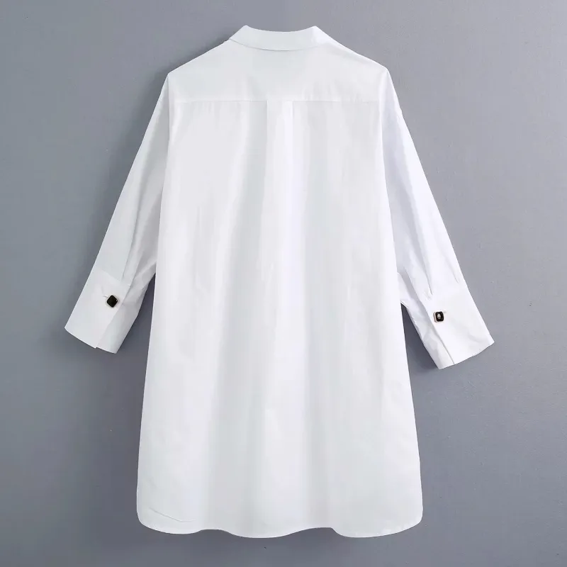 New women simply style buttons decoration casual white poplin blouse office lady side split shirts chic blusas tops LS6562 201201