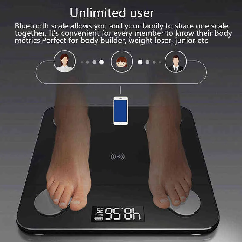 180Kg Smart Body Scale LCD Digital Sem Fio Bluetooth Bluetooth Monitor de peso analisador de saúde Fitness perder peso ferramentas escalas H1229