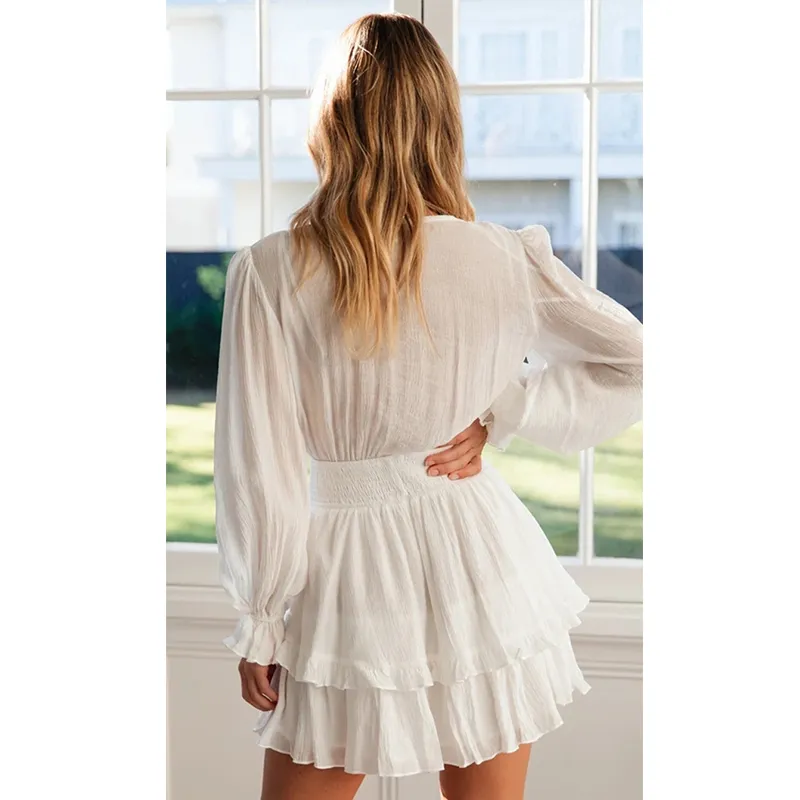 Beyaz Il Vektör Fırfır Plaj Sonbahar Kış Elbise Fener Kol Şık Kısa Mini Elbise V Boyun Lace Up Sheer Elbise Vestidos 201126