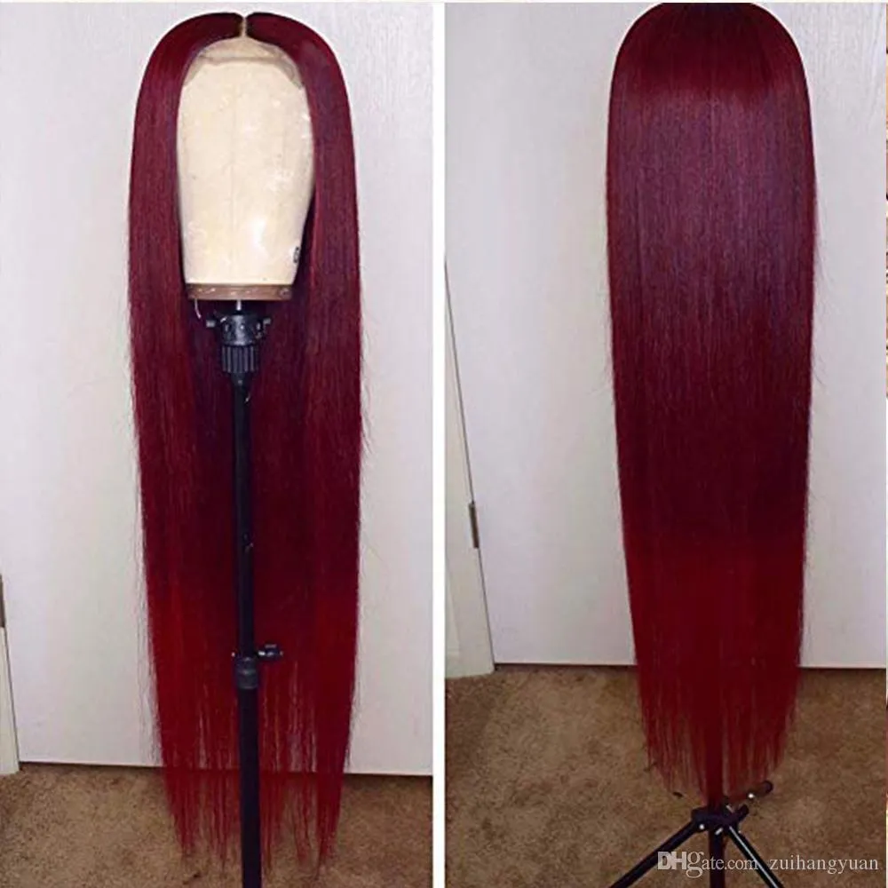 Rote Farbe Brasilianer Remy Hairglueless Long Straight 99J 13x4 Spitzenfront menschliche Haar Perücke vorgezogen mit Babyhaare1122243