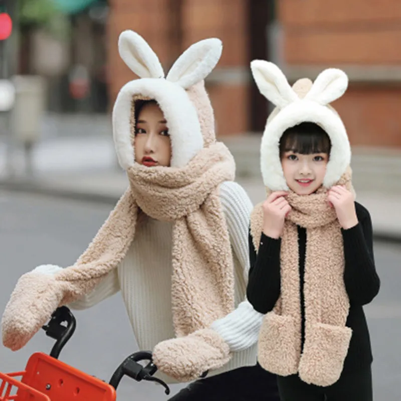Winter Girl bib new onepiece hooded parentchild cute rabbit ears warm thick plush scarf gloves hat threepiece hat scarf gloves8915646