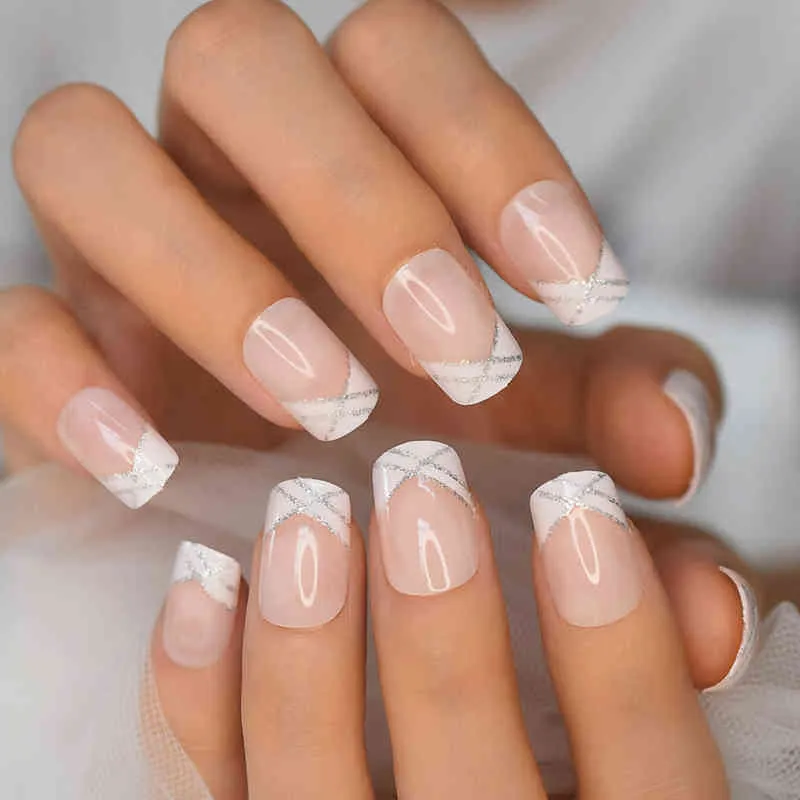 False Nails Nude Natural French Nail Fake Nails Short Length Designed False Press on White Silver Glitter Tips 220225