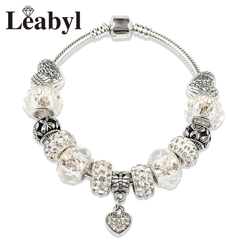 Charm Bracelets Leabyl Classic Simle Series White Crystal Diy Women Bracelet Bangle Silver Color Heart Flower Bead279t