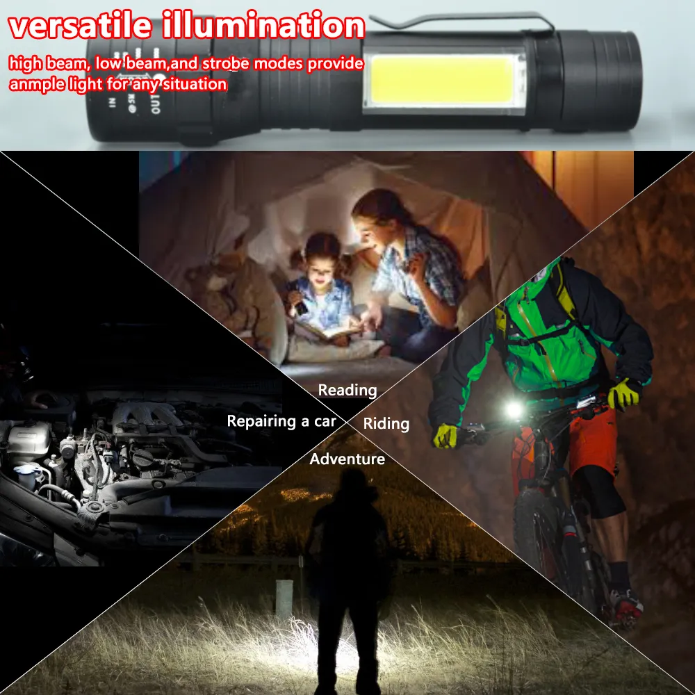 USB Rechargeable Built-in 18650 Flashlight 8000 Lumens 4 Modes COB+T6 Tactical Torch Zoomable LED Flashlights Lamp 201210