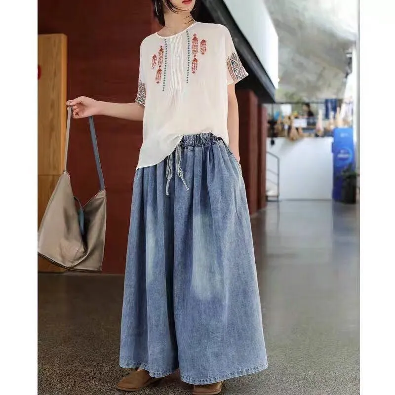 Summer New Women Cropped Wide-Leg Jeans High-Waist Literature Art Thin Drawstring Loose Large Size Straight Pants Feminine LJ200808