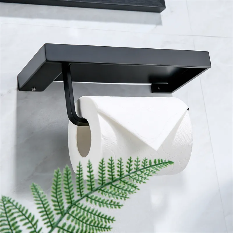 Schwarzer Toilettenpapierhalter mit Regal im nordischen Stil, kurze wasserdichte Toiletten-/Küchenrollenaufbewahrung, Papieraufhänger, Badezimmer-Zubehör T200425