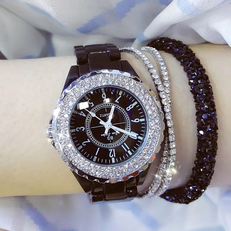 Watches Watches Woman الشهيرة العلامة التجارية السوداء السيراميك Women Women Women's Wristwatch Rhinestone Women Watches 201204216s