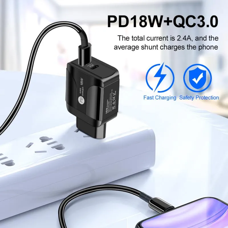 USB PD 18W snabbladdning 3A QC 3.0 Mobiltelefonladdare USB typ C-utgångar 2 i 1 strömförsörjningsadapter kostym för EU US UK-uttag