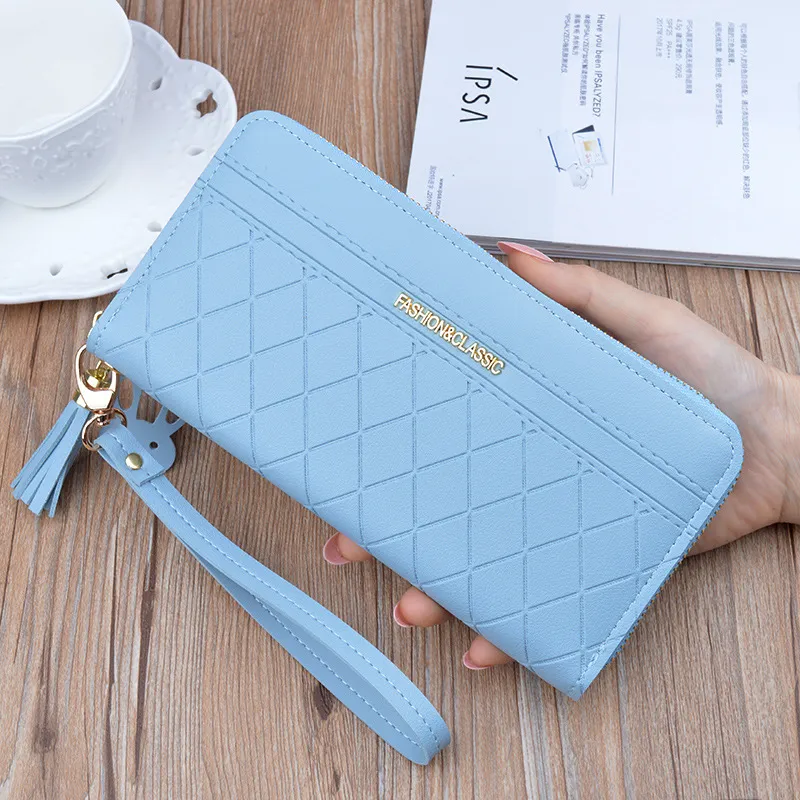 Portefeuille femme long treillis gland mode téléphone portable dames pochette pu étoile dragonne sac plusieurs couleurs 582 Q1117