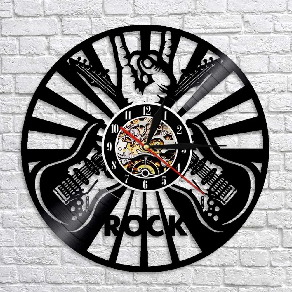 Signe de la main Rock Wall Art Horloge murale Salle de musique Décoration murale Disque vinyle Horloge Rock Music Lover Joueurs de guitare Cadeau Ornement de guitare LJ201210