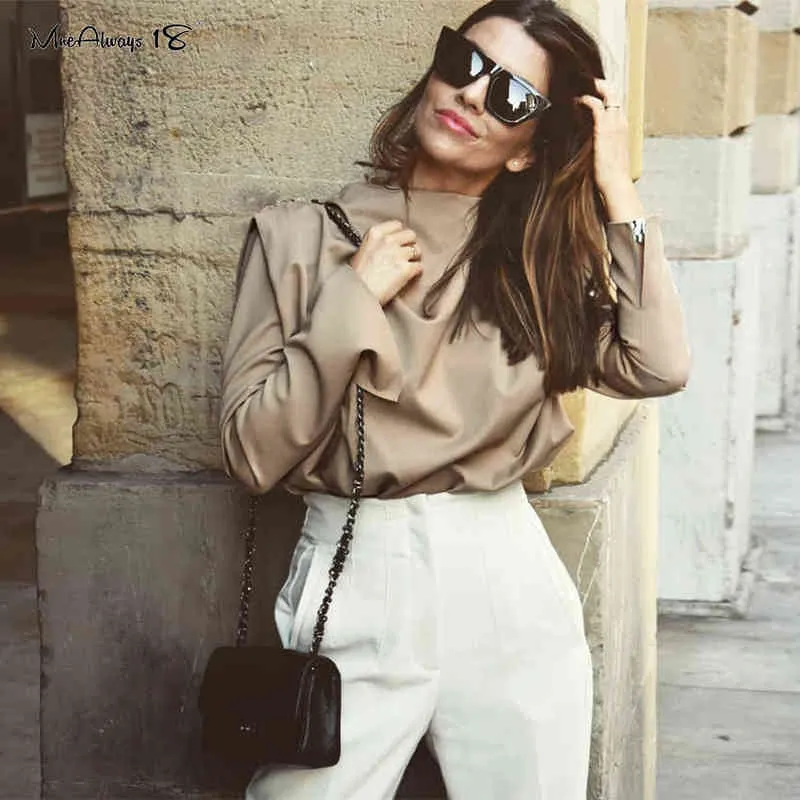 Mnealways18 Draped Solid Khaki Tops And Blouses Spring Elegant Office Blouse Women Ruched Work Top Long Sleeve Ladies Shirt 2020 H1230