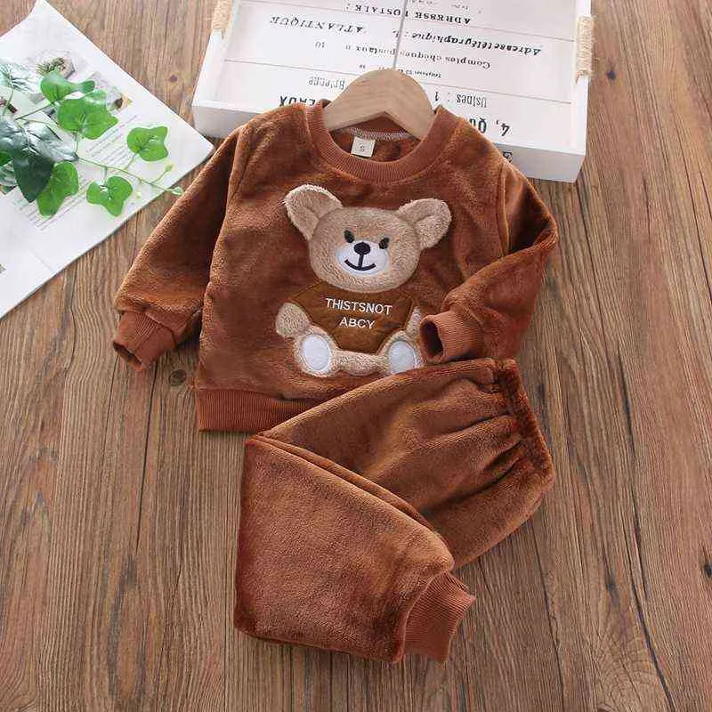 Kids Fashion Clothes Sets Baby Boy Girl Autumn Winter Flannel Pajamas Toddler T Shirt Pant Casual Homewear 211224