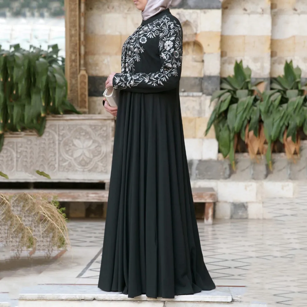 Dubai Muslim Abaya Vestido Longo Mulheres Étnica Floral Impressão Islam Kaftan Robe Maxi Vestidos Plus Size Manga Longa Femme Vestiod Y0118