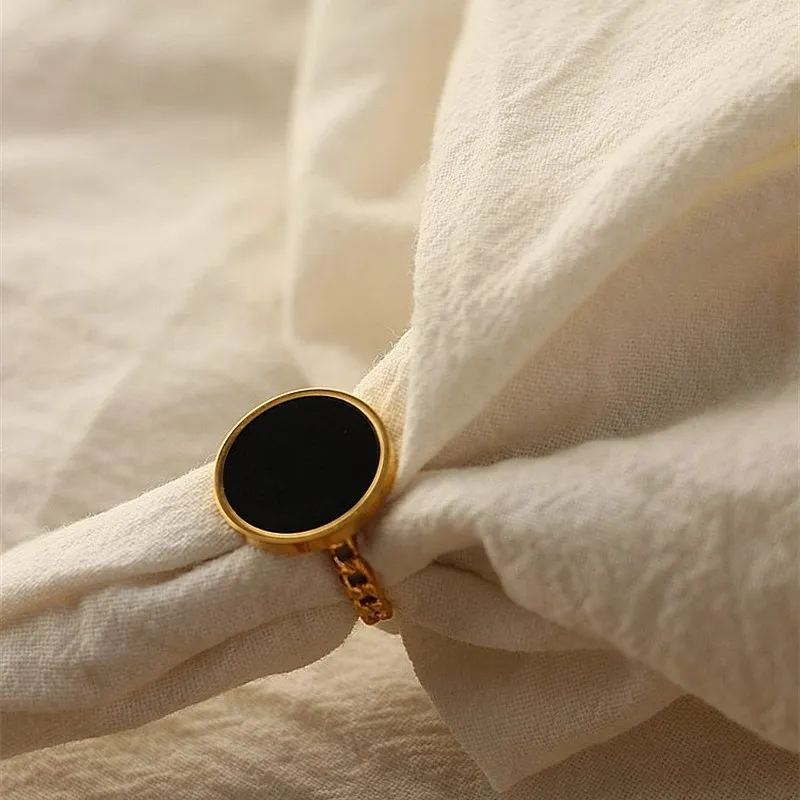 Peri039sbox Cadena de eslabones de malaquita, concha negra, anillos geométricos circulares para mujer, anillo de disco Vintage de acero de titanio ajustable 5741188