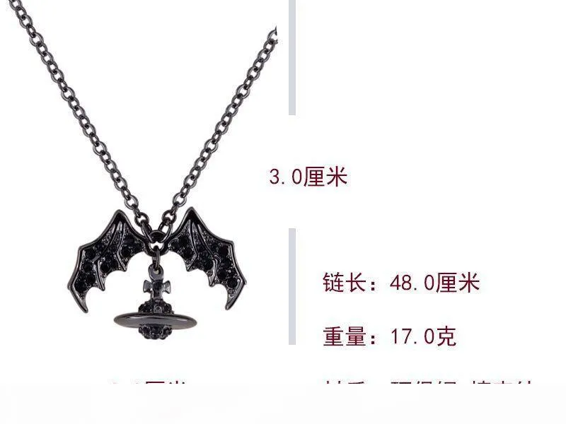 Drottning Mor Demon Evil Titanium Black Wings Diamond Saturn Necklace Super Cool Punk Bat212m