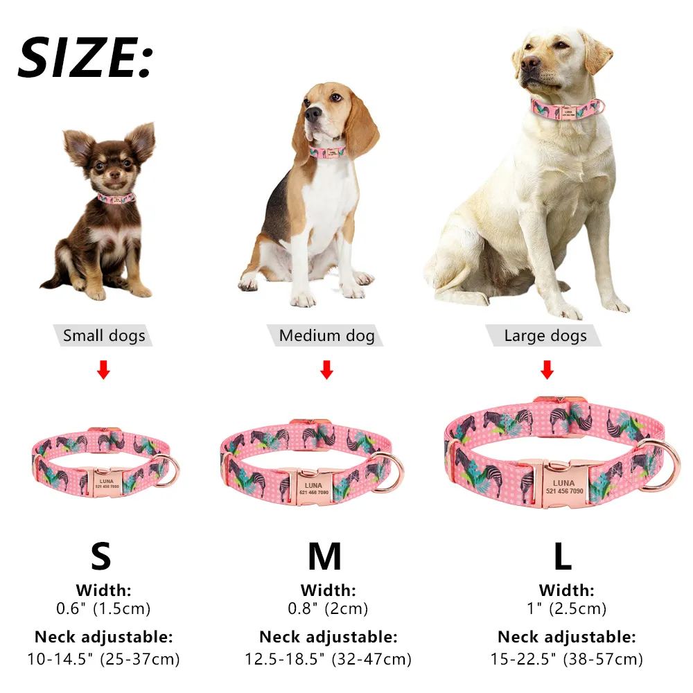 Personalisierte Hundehalsbänder mit Gravur, individuell bedrucktes ID-Tag-Kragen, Anti-Verlust-Nylon-Haustier für kleine, mittelgroße und große Hunde, rosa Y200917