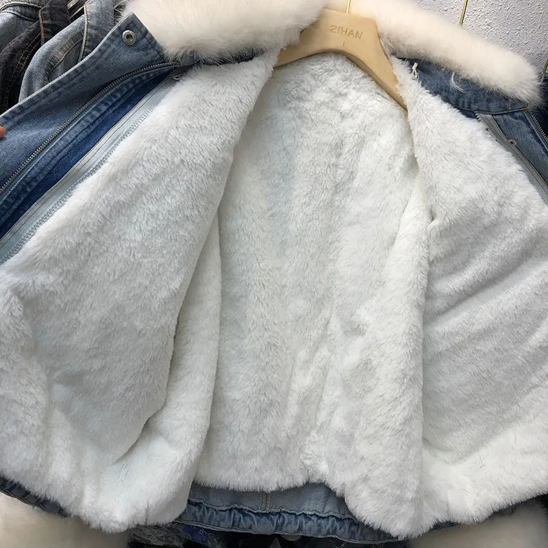 Winter Warm Lamb Coat Big Pocket Denim Jacket For Women Thick Large Fur Loose Parka Plus Size Denim Parka For Winter 200928