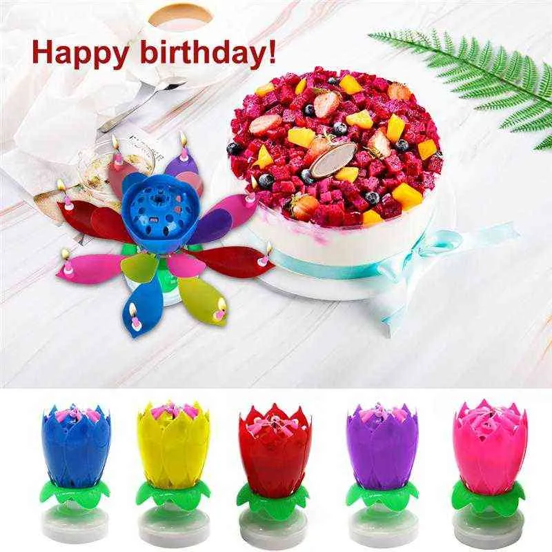 Upgrade Multicolor Rotating Lotus Cake Candle Electronic Music Candle Birthday Wedding Cake Decoration For Kids Gift Party DIY