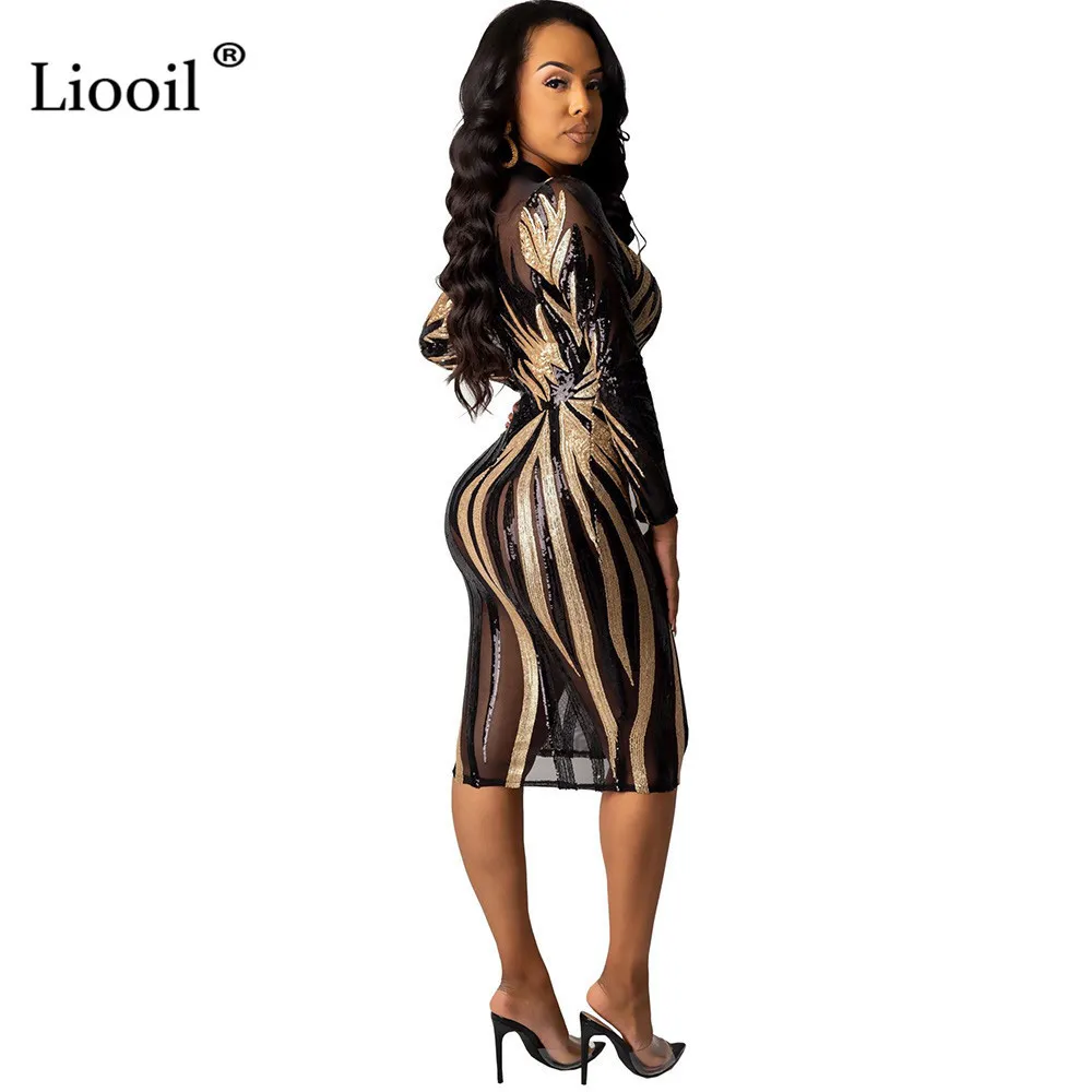 Black and Gold Sequin Dress Mesh Bodycon Midi Sexy Club Outfits 2020 Long Sleeve See Through Tight Dresses Woman Party Night LJ200818