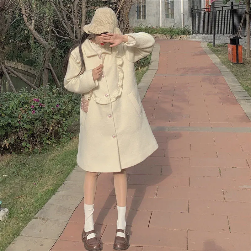 Manteau d'hiver en laine blanche femmes chaud doux lâche trench-coat femme bouton patchwork coréen japonais kawaii chic manteau épais 201215