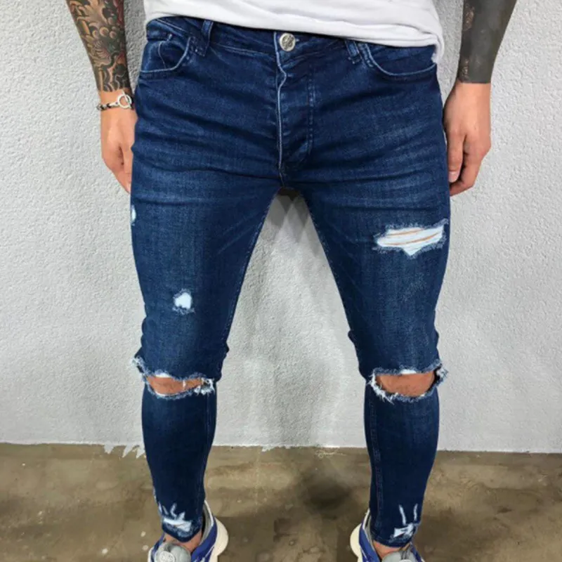 Новый стиль, рваные брюки, облегающие эластичные мужские джинсы, модные повседневные джинсы в стиле хип-хоп F1209283F