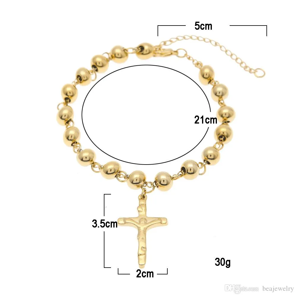 Unisex 14K Gold Plated Rosary Bead Bracelet Stainless Steel Cross With Jesus Charms Pendant Link Chain Religion Female pulseira