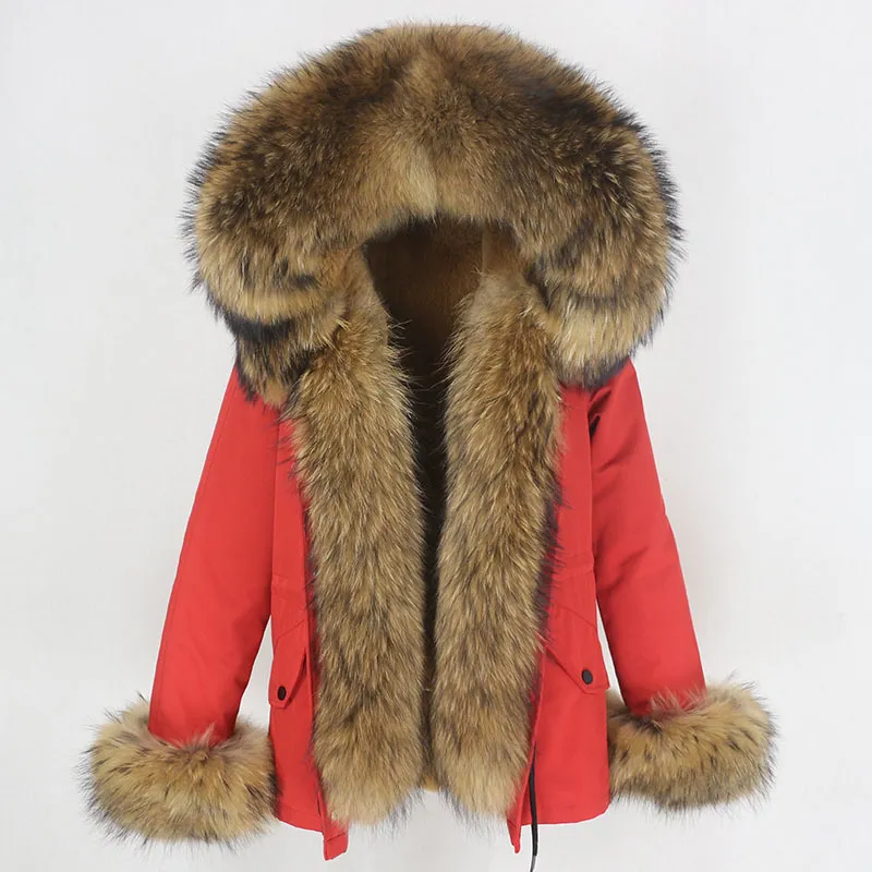 OFTBUY Nouvelle Parka Courte Imperméable À L'eau Veste D'hiver Femmes Réel Naturel Col De Fourrure De Raton Laveur Manteau À Capuche Chaud Streetwear Détachable 201103