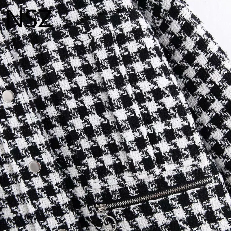 NSZの女性の黒い白い千鳥格子の特大さされたツイードジャケットの格子縞のコート長袖ルースチェックアウター春春201026