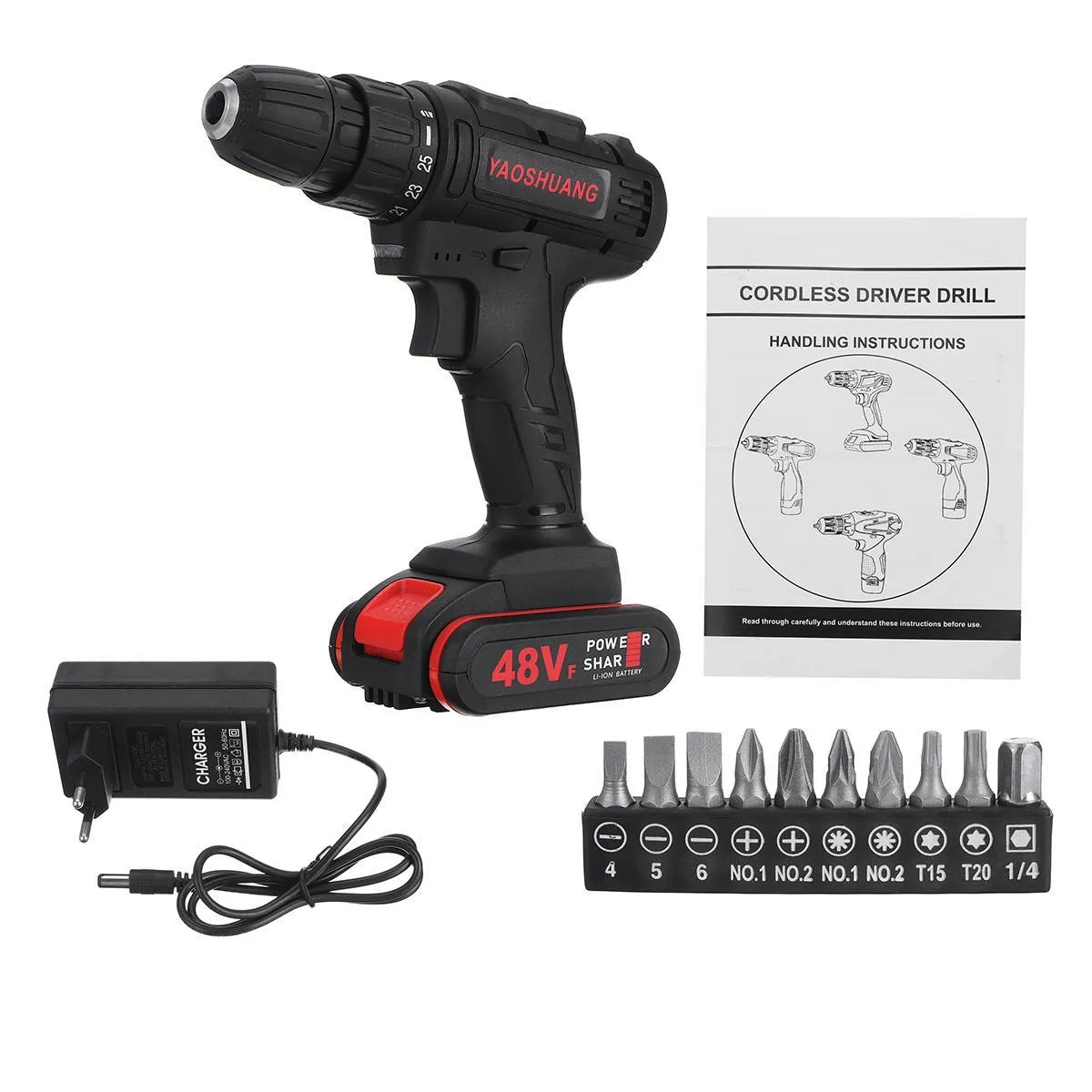 Elektrisk / påverkan 48V Trådlös Combi 2 Speed ​​Rechargeable Functional Driver Batteri med 10st Drill Bits 201225