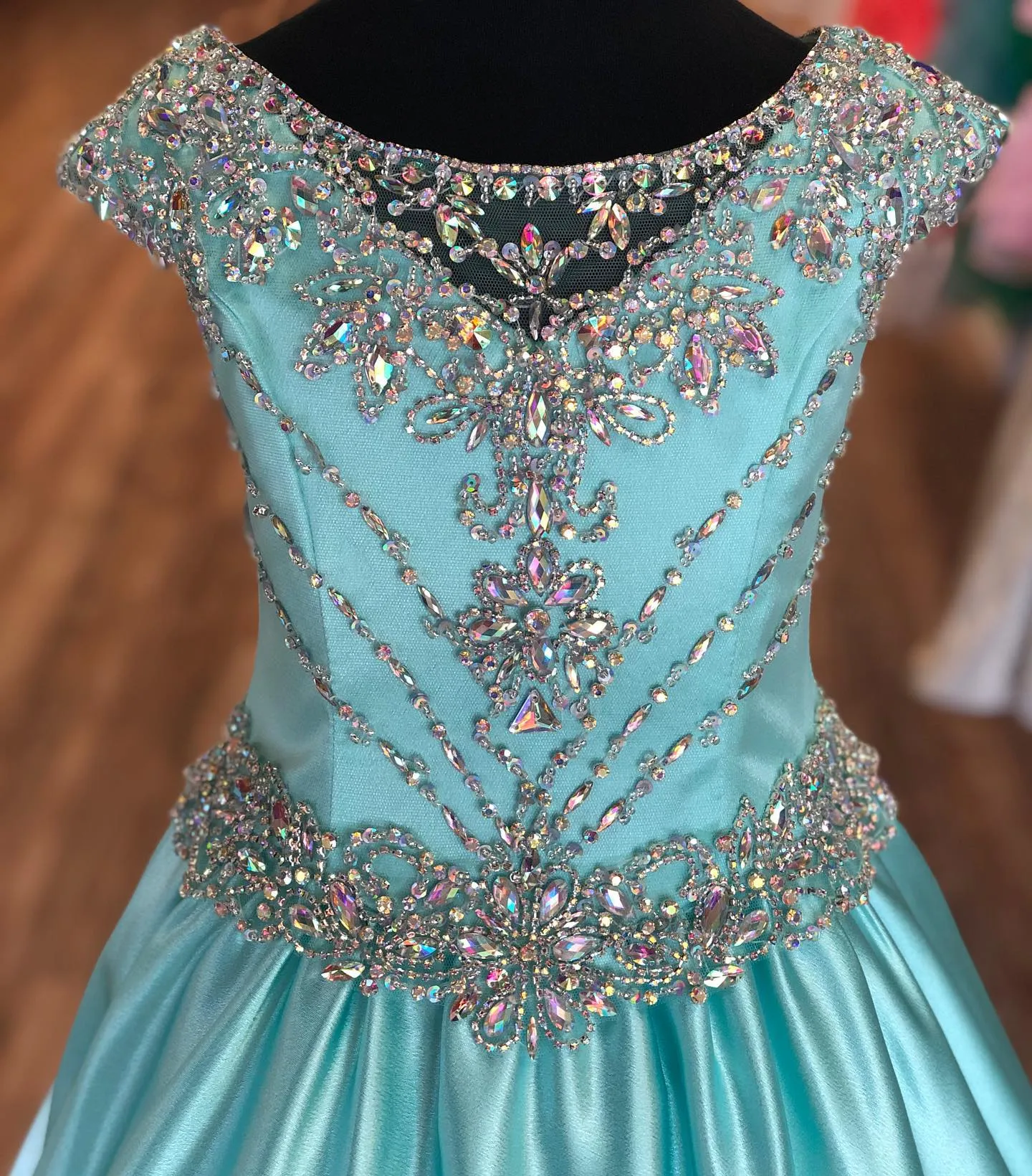 Aqua Satin Pageant Dress for Teens Juniors Toddler 2021 AB Stones Crystal Long Pageant Gown for Little Girl Cap Sleeve Formal Part2384