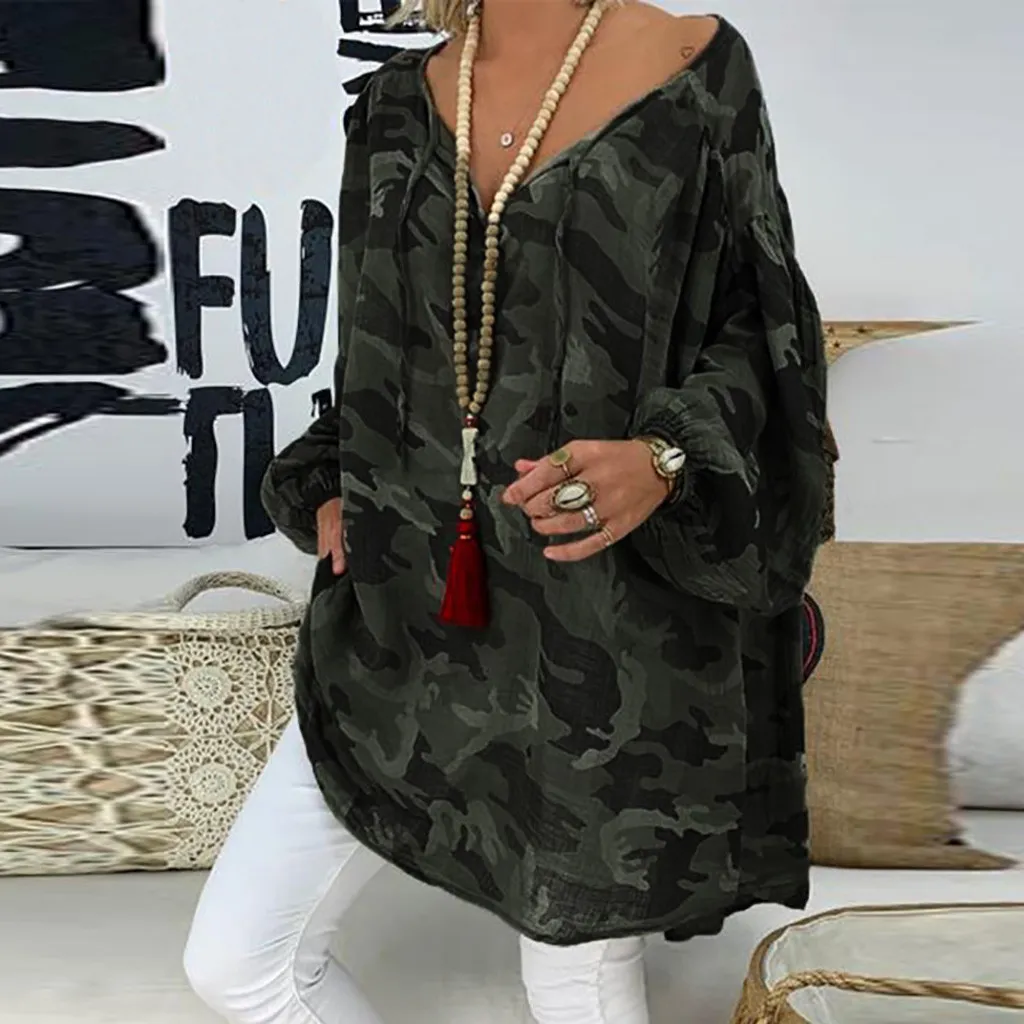 Damska bluzka Loose Plus Size Camouflage z długim rękawem V-Neck Pullover Tops Koszula Top Feminine Blusas Mujer de Moda 201202