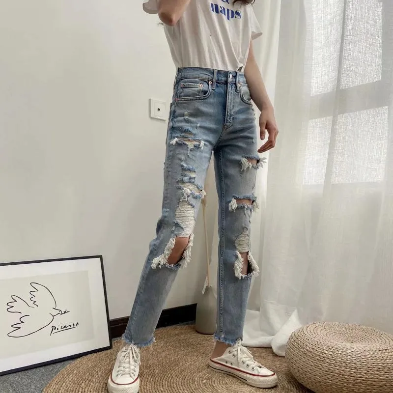 Kadın Delik Jeans Avrupa Tarzı Yırtık Kot Bayan Gevşek Ince Kot Kot Pantolon Pantolon Tulum Vintage Kadın Torn Pantolon Y0108