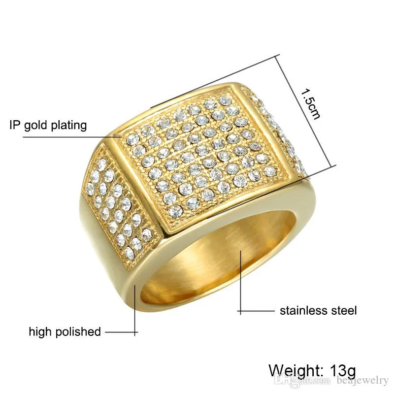 Hip Hop Full Micro Pave Rhinestone Iced Out Bling Bling Square Ring IP Gold Color Titanium Stainless Steel Rings for Men