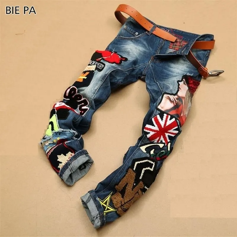 New men jeans American style 100% cotton denim hip hop patchwork of national flag fashion jeans men 597 T200614