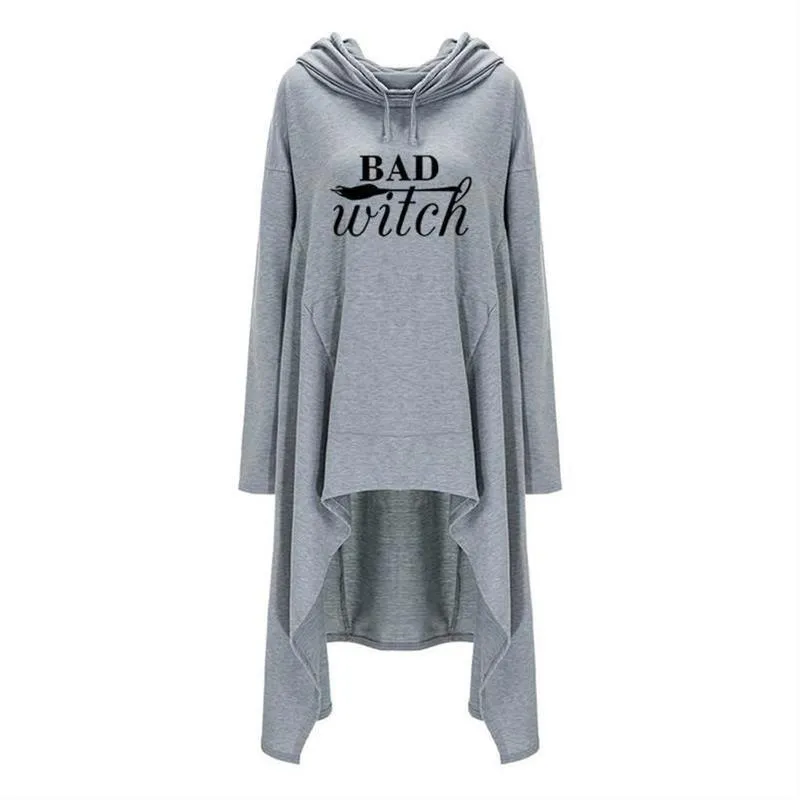 Kvinnor Hoodies Long Oregelbundna Bad Witch Tops Kawaii Femmes Sweatshirts mönster rolig bomullsskärd överdimensionerade hoodies klänning 220215