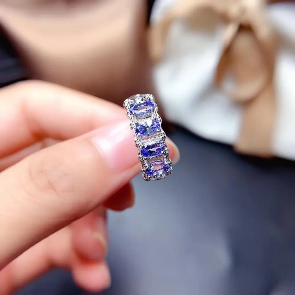 Bague en tanzanite naturelle S925 en argent sterling pour femme, bijoux en or blanc, bijoux en pierres précieuses naturelles, bague à rangée simple, bijoux pour dame J0112