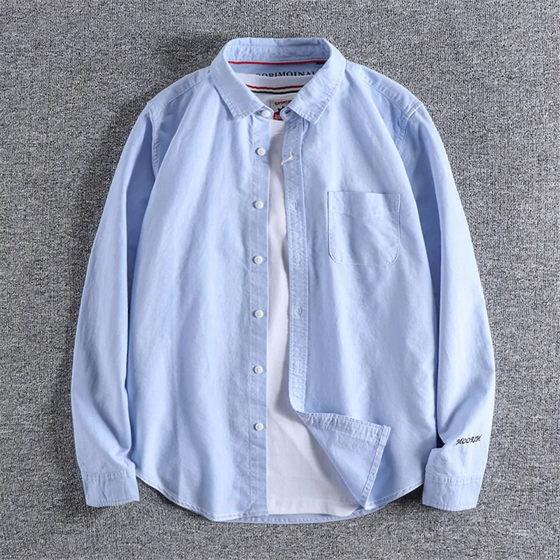 Japanisches Harajuku-Hemd aus 100 % Baumwolle mit Taschen, einfarbig, bestickt, langärmlig, Knopfleiste für Herren, Übergröße C1212