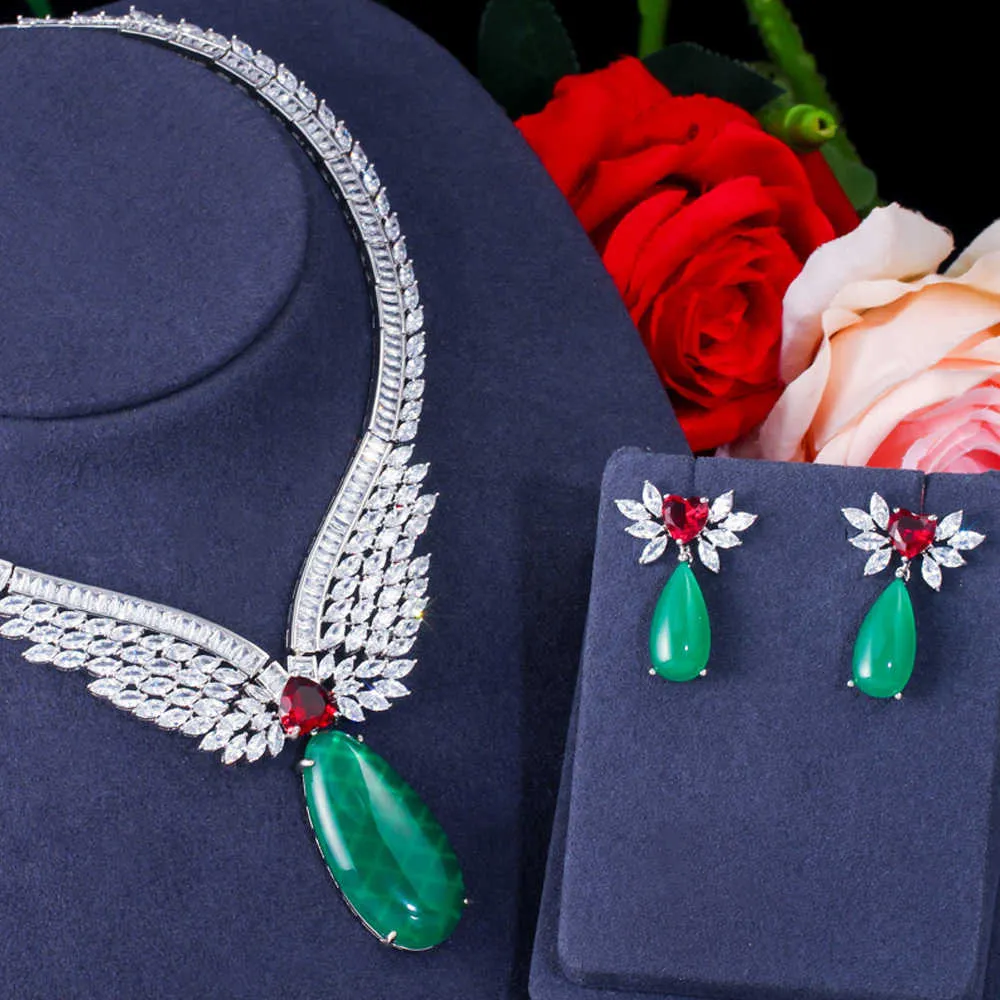 ThreeGraces Trendy Green CZ Zircon Stone Bridal Wedding Necklace Earrings Jewelry Sets for Women pendientes mujer moda JS640 H1022