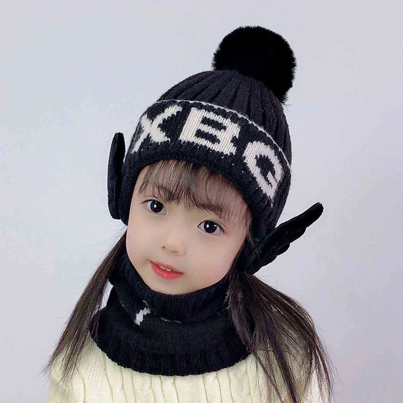 Gorro bebê chapéu pompom inverno crianças chapéu de malha boné bonito lenço terno para menina menino casual cor sólida chapéu bebê beanies y21111