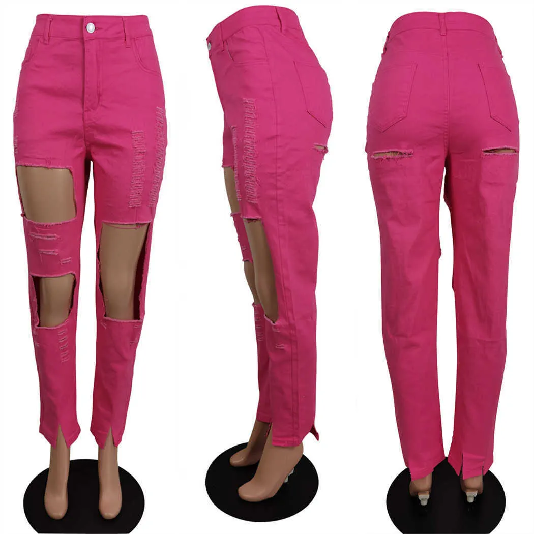 S-4XL Geel Rood Casual Skinny Ripped Jeans voor Dames Herfst Hoge Taille Plus Size Denim Pant Streetwear Elastische holle broek 210629
