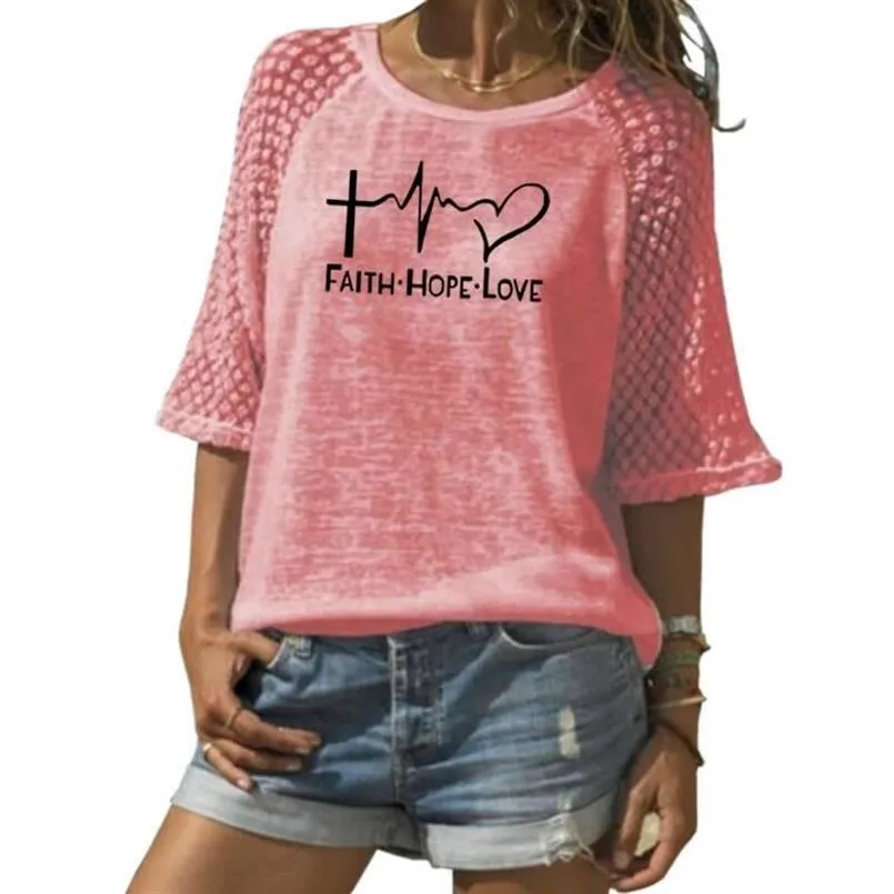 Yeni İnanç Umut Aşk Mektuplar Baskı T-shirt Kadınlar için Dantel Ekip Boyun Tişört Üst T-shirt Kadınlar Punk Pamuk Camiseta Japonya 210306 Tops